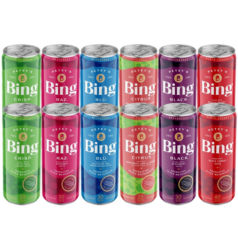 BING Energizing Juice Beverage - VARIETY All 6 Flavors (12oz/12pk) - Made with REAL Juice! Low Calorie; 5 B-Vitamins & Ginseng; 100-125mg Caffeine; Vegan, Gluten + Dairy Free. Incredibly DELICIOUS. - Image 1
